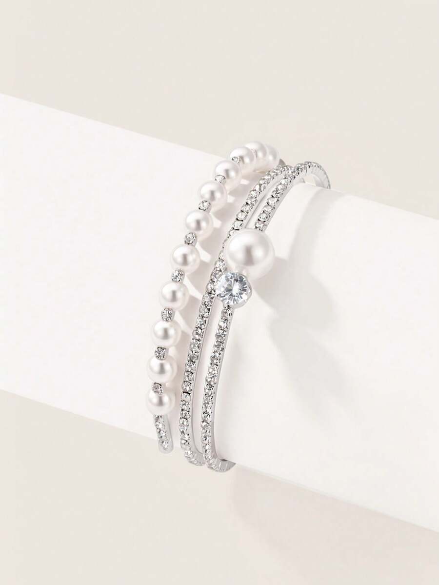 Valisandre 1pc Fashionable Luxurious Rhinestone & Faux Pearl Hinged Bangle Bracelet, Suitable For Wedding And Daily Wear - Silver - View 1