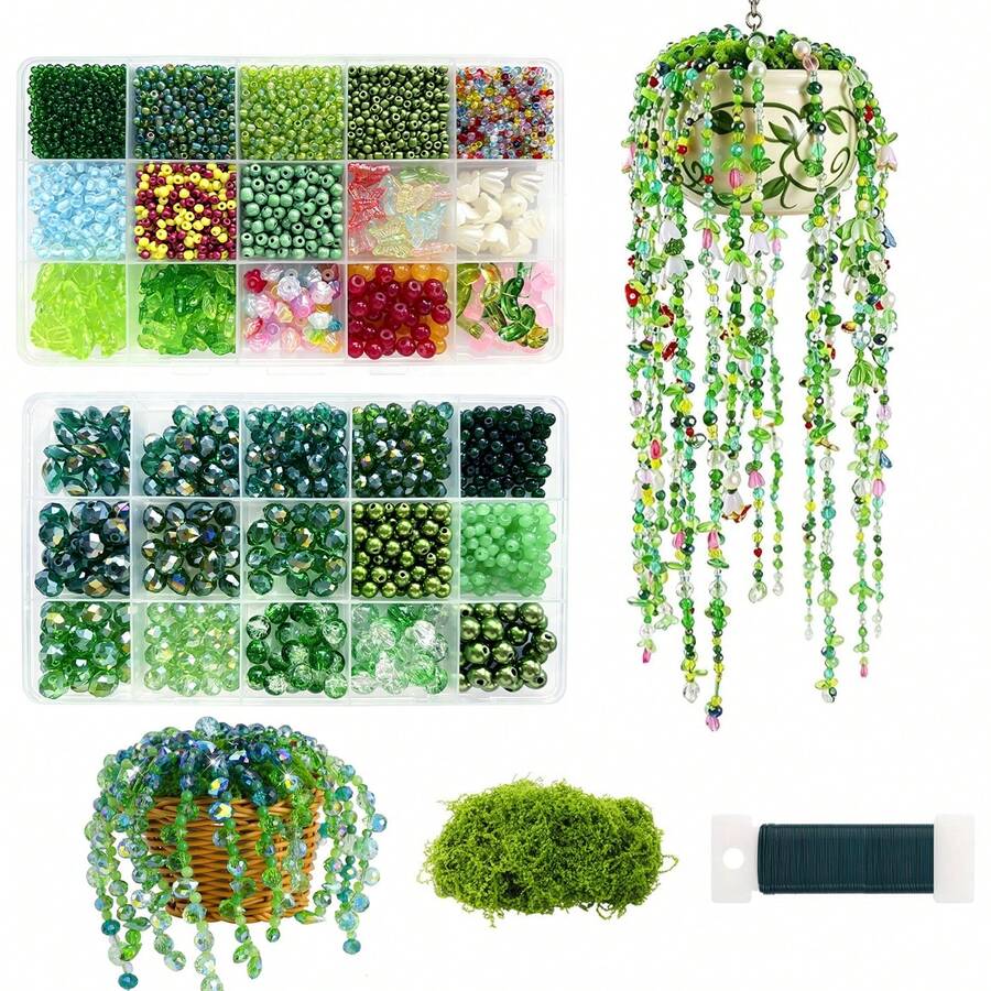 Green Glass Beaded Plant DIY Craft Kit, Mixed Beads Moss Wire Set For Handmade Forever Hanging Potted Home Decor - A - View 1