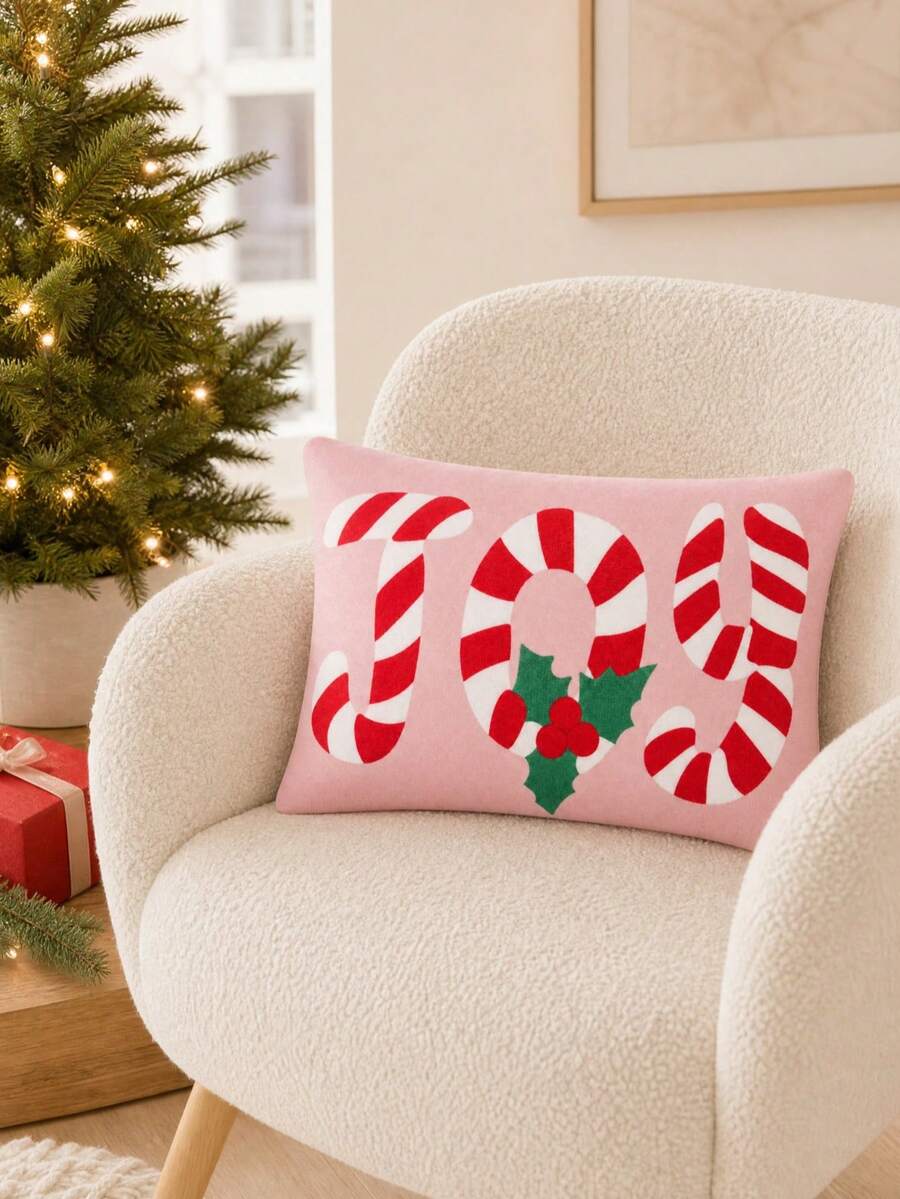 Pink Christmas Candy Cane Decorative Pillow, Red And White Striped Print With Holly Berry Pattern, Holiday Home Decor - Multicolor - View 1