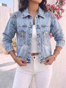 GILIPUR Women's Fashion Sequin Patchwork Washed Denim Jacket, Long Sleeve Lapel Motorcycle Style Outerwear, Suitable For Autumn Casual Wear - Blue - View 12