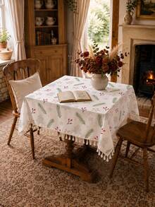 MEMNUN 1PC Christmas Minimalist Branch Berry Christmas Tree Star Print Pattern Tablecloth, Tassel Edge Design, Minimalist Small Tree Dining Tablecloth, Square Round Tablecloth, 140*220cm/140*180cm/140*140cm/90*140cm, Made Of Printed Polyester Blend Material, Christmas Decor Table Decor, Home Decor, Kitchen Decor, Table Cloth Rectangle, Table Cloth Square, Home Decor Suitable For Picnic, Camping, Party, Restaurant Buffet, Home Decoration, Dining Table Surface Decoration, Home DIY, Etc., Christmas Gift - Multicolor - View 3