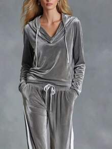 Solid Color V-Neck Gold Velvet Knit Long Sleeve Casual Hooded Top And Long Pants 2 Pieces Set - Grey - View 4