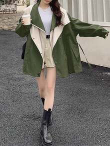 秋冬女款新款時尚設計撞色連帽休閒工裝風風衣夾克上衣 時尚女式梭織面料長袖領口拉鍊外套 - 綠色 - 查看 5