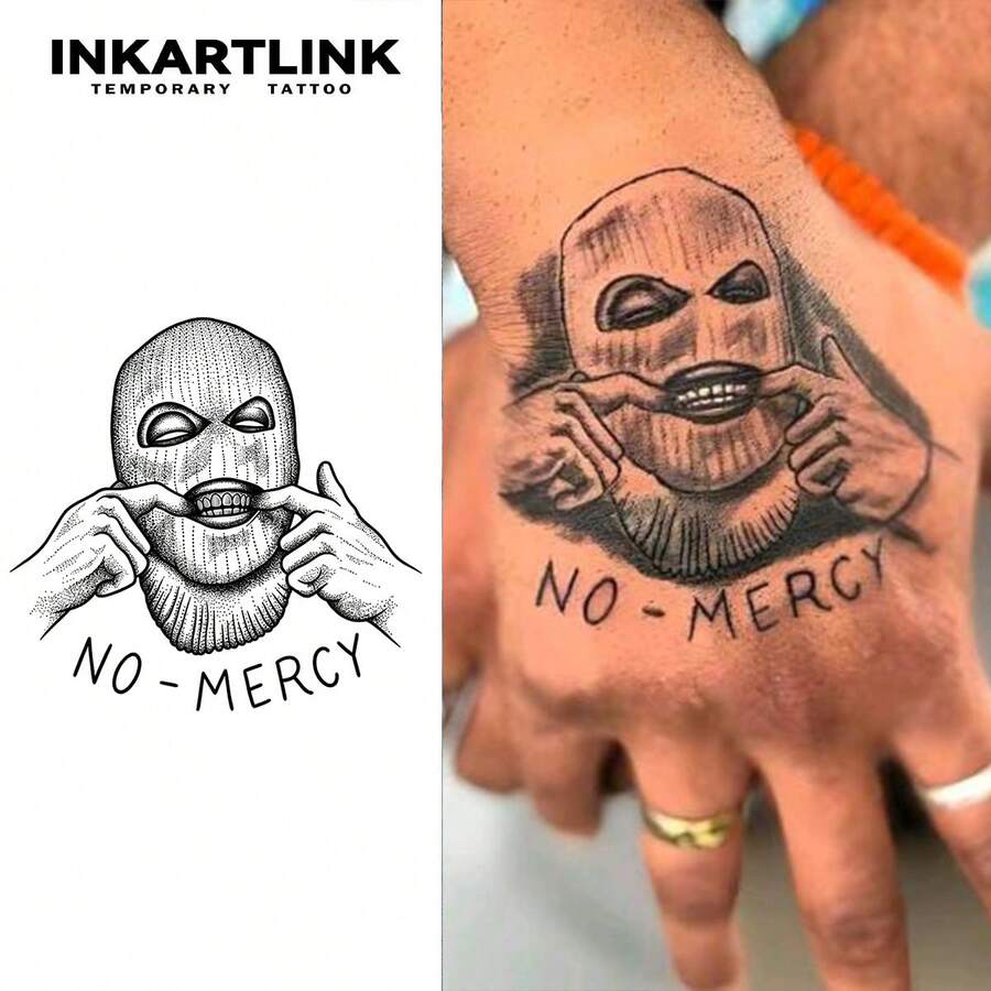 INKARTLINK 1入「No Mercy」頭部紋身貼紙 臨時防水身體彩繪紋身貼 2-5天持久 水轉印彩色紋身貼 男女皆適用 派對必備 節慶慶典身體裝飾品