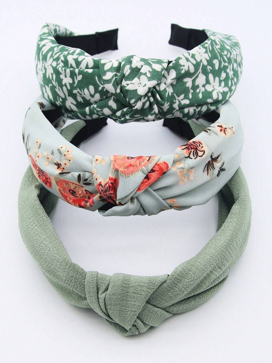 3pcs/Set Women's Green Floral Solid Color Fabric Wide Band Knotted Headband, Elegant & Sweet, Suitable For Daily Wear - Green - View 1