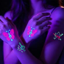 3 Sheets UV Neon Glow Temporary Tattoo Stickers, Colorful Music Butterfly Disco Pattern Fluorescent Body Face Stickers, UV Light Reactive Tattoos For Rave Festival, Carnival, Club Party, Halloween Body Decorations - Multicolor - View 5