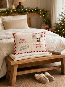 Happy Holiday Letter To Santa Decorative Throw Pillow, Cream Postcard Cushion, Suitable For Sofa Bed, Vintage Christmas Holiday Home Decor Accent - Multicolor - View 2