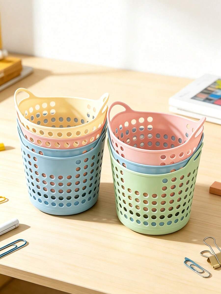 Mini Plastic Storage Basket Set With Handles, Macaron Color Hollow Desktop Organizer Baskets, Lightweight Portable Multipurpose For Storing Stationery, Cosmetics, Bathroom Supplies, Kitchen, Office, Bedroom, Closet And Holiday Gifts - Multicolor - View 1