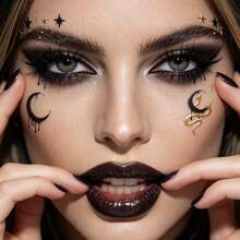 1pc Gold & Black Mysterious Snake Moon Star Face Sticker, Witch Style Occult Celestial Demon Eye Face Decal, Gothic Mysterious Makeup Sticker, Suitable For Halloween, Witch Cosplay, EDM Festival, Theme Party Costume Accessory - Multicolor - View 2