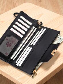 Women's Vintage Straw Woven Texture PU Long Wallet, Multi-Functional Large Capacity Card Holder With Exquisite Metal Flower Logo, Casual Wristlet Bag Suitable For Various Occasions - Black - View 7