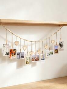 1pc Bohemian Style Photo Frame Storage Rack With 9 Clips And 6 Heart-Shaped Pendant Garlands, Suitable For Baby Keepsakes And Nursery Decor - Multicolor - View 4