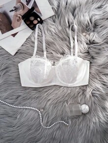1pc Women's Lace Patchwork Underwire Thin Cup Side Closure Comfortable Bra - White - View 3