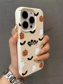 1pc Halloween White Ghost Bat Pumpkin Lantern Letter Pattern, Anti-Drop TPU Material Lychee Texture Phone Case, Suitable As Holiday Gift Compatible With Apple 11 12 13 14 15 16 17 18 Pro/Pro Max/14 15 16 17 Plus Phone Protective Cover, Holiday Gift, Daily Commute, Daily Anti-Drop Highly Attractive Style - Multicolor - View 3