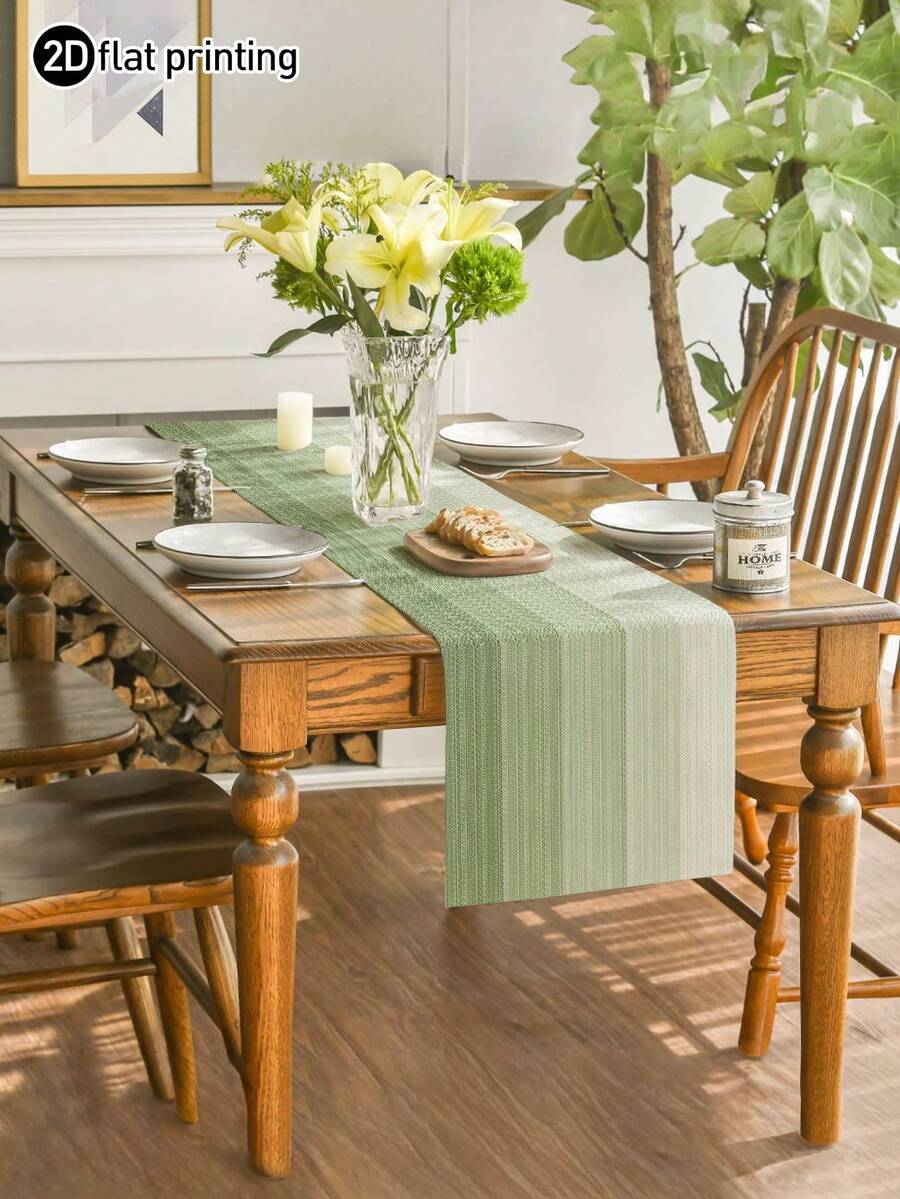 1pc Minimalist Striped Gradient Style Table Runner, Modern Living Room Dining Mat Tablecloth, Dry Cleanable, Machine Washable, Suitable For Kitchen Dining Table Party Wedding Decoration Vintage Style, Suitable For Entryway, Family Gathering, Coffee Table, Living Room, Microwave Dust Cover - Light Green - View 1