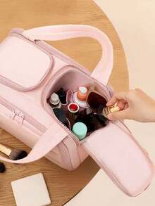 Women's Makeup Bag, Handheld Style, Quilted Nylon, Multi-Zipper, Large Capacity, Portable, For Travel And Home Use (Gift Bag Not Included) - Pink - View 7