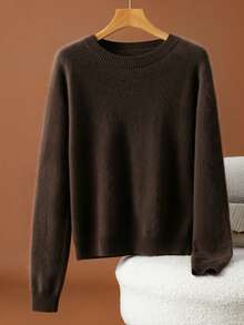 HEYMINI Women's Long Sleeve Basic Crew Neck Wool Sweater, Comfortable Solid Color Knit Pullover, Suitable For Autumn/Winter Wear - Coffee Brown - View 9