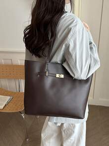 Casual Handheld Underarm Tote Bag, Solid Color, Cross-Border 2026, Large Capacity PU, Women's Fashion Minimalist Shoulder Bag - Coffee - View 5