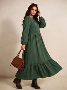 Rusttydustty Women's Autumn Green V-Neck Tie-Front Ruffle Patchwork Long Sleeve Dress, Suitable For Autumn/Winter, Halloween Outfit - Dark Green - View 2