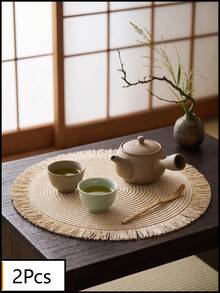 1/2/4/6/12pcs Cream White Woven Placemats, Japanese Rustic Style, Woven Material, Round Shape With Long Tassel Edge Detail, Heat Resistant & Non-Slip, Tabletop Protection & Decorative Function, Tea Mat Suitable For Japanese Tea Ceremony Arrangement And Quiet Home Decor Scenes - Beige - View 12