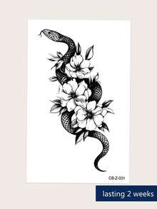 Herbal Juice Semi-Permanent Tattoo Sticker Design Snake & Floral Pattern 14 Days No Fading Music Festival Party Gift Shoulder Back Waist Abdomen Leg Body Temporary Tattoo Sticker 1pc/Pack - Blue - View 9