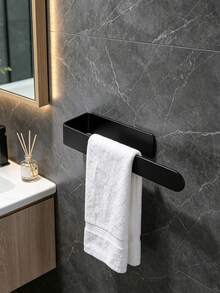 1Pc Practical No‑Drill Towel Bar, Metal Material, Modern Minimalist Style Solid Black Rectangular Shape Dual‑Groove Integrated Storage Slot Detail Multi‑Purpose Wall Mounted Towel Holder For Bathroom Vanity Wall Storage - Multicolor - View 1