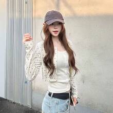 Floral Knit 2 Pieces Set, Black & Grey, Autumn/Winter, Short Knit Cardigan & Tank Top - Apricot - View 4