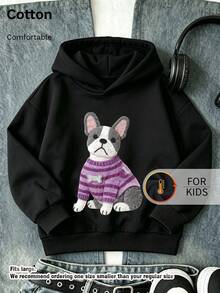 Kids Hooded Sweatshirt, Felt Style French Bulldog Striped Sweater Bone Graphic Print Thick Fleece Lined Pullover For Kids - Black - View 1