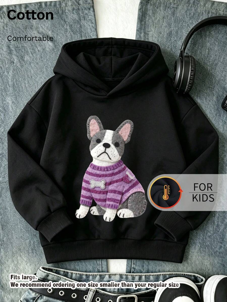 Kids Hooded Sweatshirt, Felt Style French Bulldog Striped Sweater Bone Graphic Print Thick Fleece Lined Pullover For Kids - Black - View 1