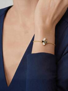 1pc 18K Gold Plated Enamel Ladybug & Bee Pendant Bracelet, Cute Insect Chain Bracelet, Daily Birthday Holiday Gift For Women And Girls - Multicolor - View 2