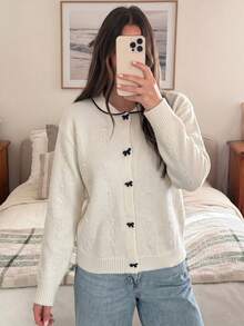 French Korean Style Bow Collar Knit Base Layer Top Women Autumn Winter Loose Slimming Long Sleeve Sweater Knit Cardigan - White - View 2