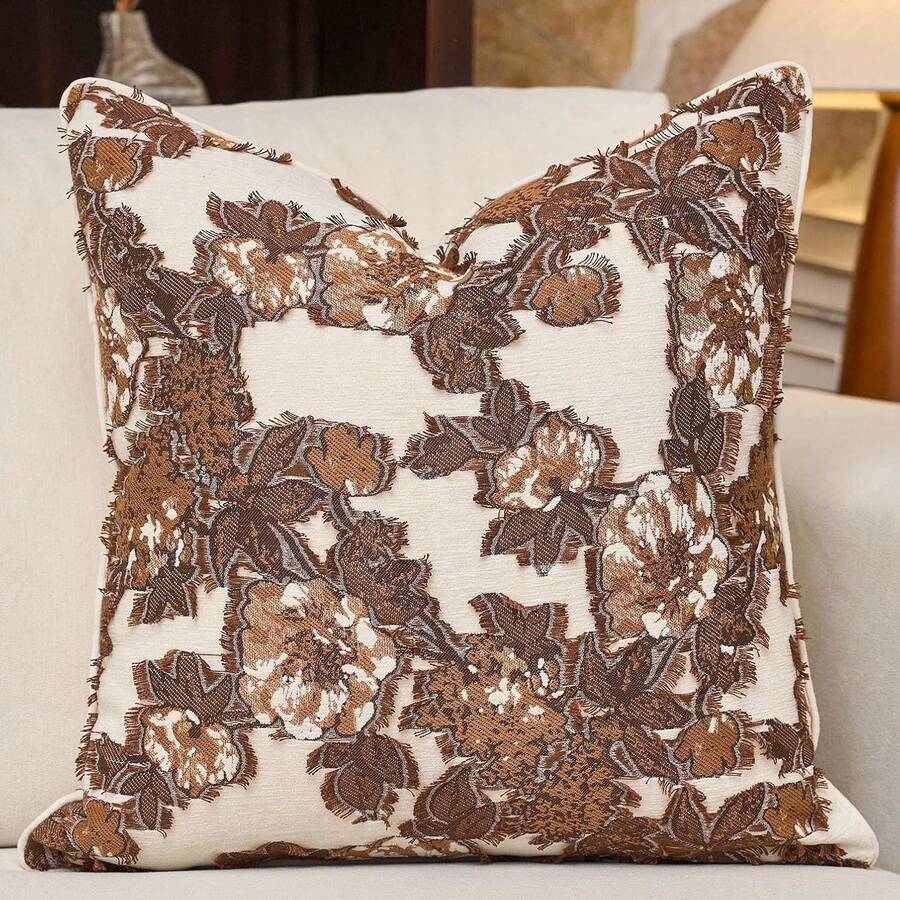 1 pièce Nouvelle taie d'oreiller de luxe marron café vintage à motif floral sans insert d'oreiller, housse de coussin en chenille style ferme + franges, housse de coussin style campagnard français, taie d'oreiller style pastoral neutre, décoration d'intérieur convenant pour la maison, le canapé, le lit, la chambre, le salon, le café, la salle d'exposition, la décoration, les occasions quotidiennes et les fêtes, convenant pour toutes les saisons