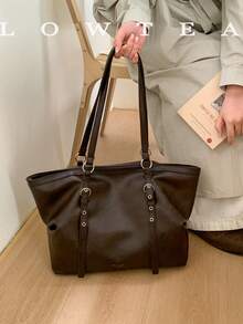 low tea 1pc Square PU Fabric Shoulder Tote Bag With Buckle, Suitable For Commuting, Shopping And More - Coffee - View 11