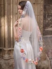 Colorful Floral Embroidered Bridal Veil, Dreamy Tulle Veil For Garden Wedding - Multicolor - View 4