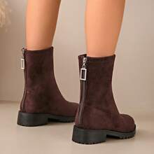 Round Toe Chunky Heel Ankle Boots For Women With Back Zipper Elastic Cuff Versatile Autumn Winter New Style - Brown - View 4