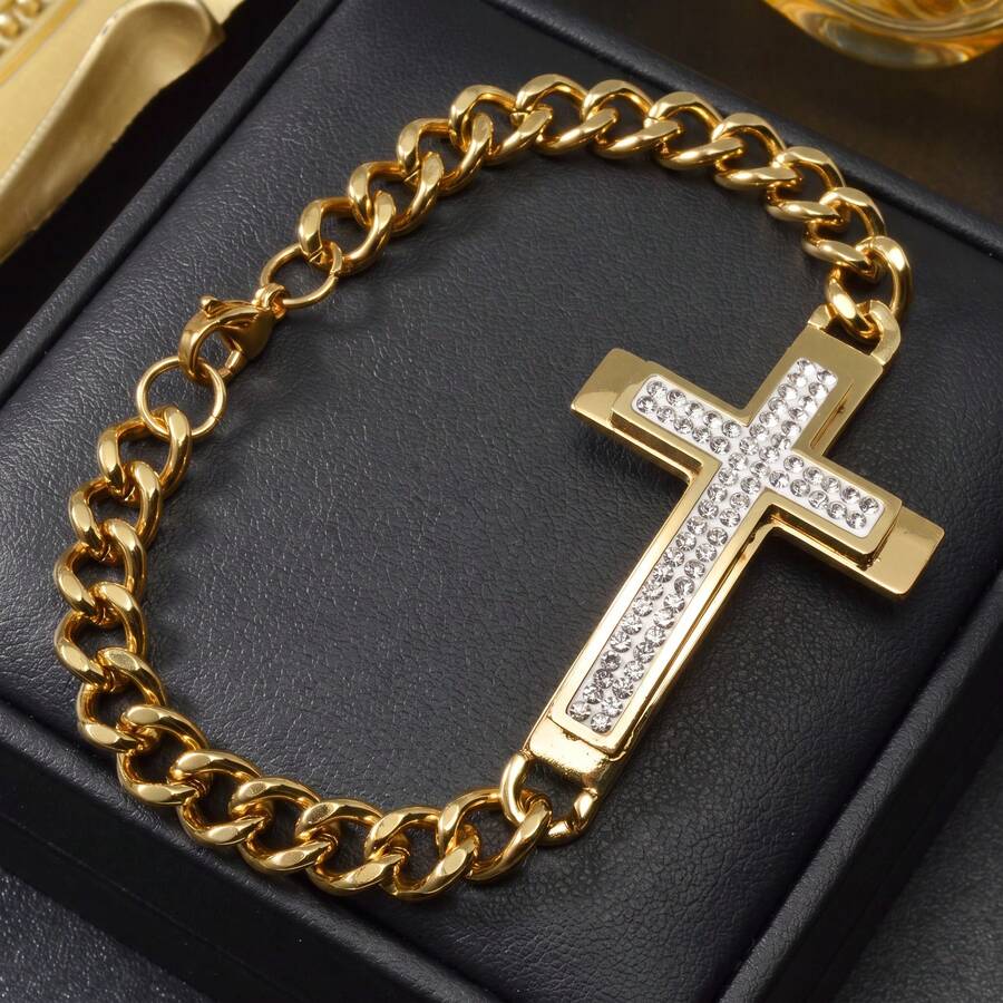 18K Gold Plated Stainless Steel 3D Zirconia Cross Cuban Link Bracelet, Hip Hop Style, Unisex, Suitable For Daily Wear And Parties, Personalized Accessory - Gold - View 1
