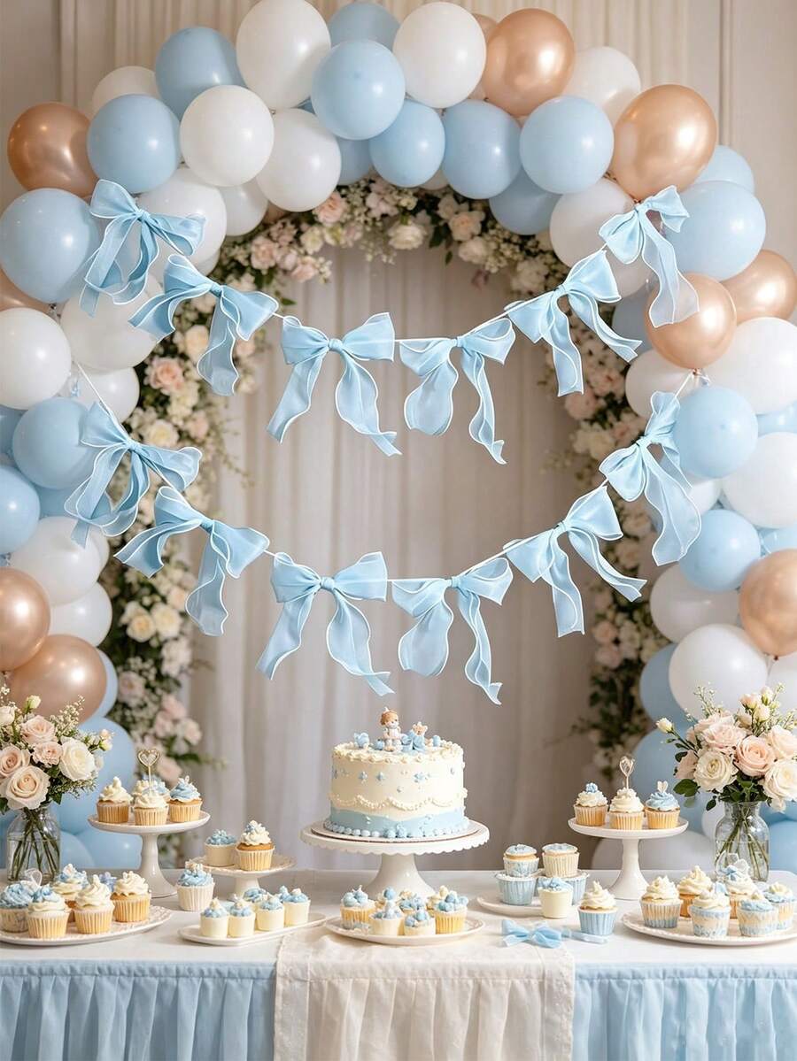 12pcs/6pcs/Strip Blue Bow Banner/Hanging Decoration, Suitable For Baby Shower Decoration, Princess Style Girls Room Wall Decor, Also Applicable For Children Birthday, Welcome Baby Party, Wedding, Gender Reveal Party And Other Occasions - Multicolor - View 1