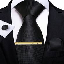 4-Piece Men's Business Formal Tie Set, Black Plaid Textured Pocket Square, Cufflinks, Gold Tie Clip, Wedding Outfit - Black - View 2