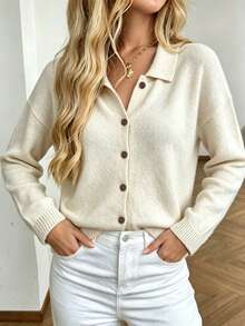 Plus Size Solid Color Casual Button-Up Collared Knit Long Sleeve Cardigan - Apricot - View 5