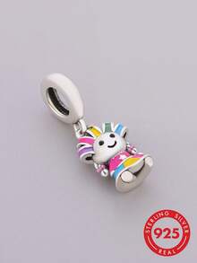 1pc S925 Sterling Silver Colorful Doll Pendant Bead, Resin Childlike Style Little Girl DIY Bracelet Charm - Silver - View 3