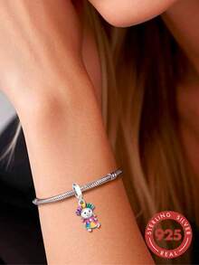 1pc S925 Sterling Silver Colorful Doll Pendant Bead, Resin Childlike Style Little Girl DIY Bracelet Charm - Silver - View 4