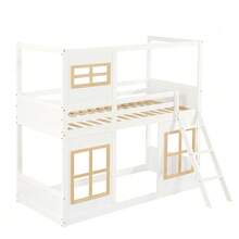 Bunk Bed, Children's Bed, With Beautiful Window, Stable Step Ladder, With Four-Sided Railing, Pine + MDF + Plywood, White + Natural, 90x200cm - White+Natural - View 6
