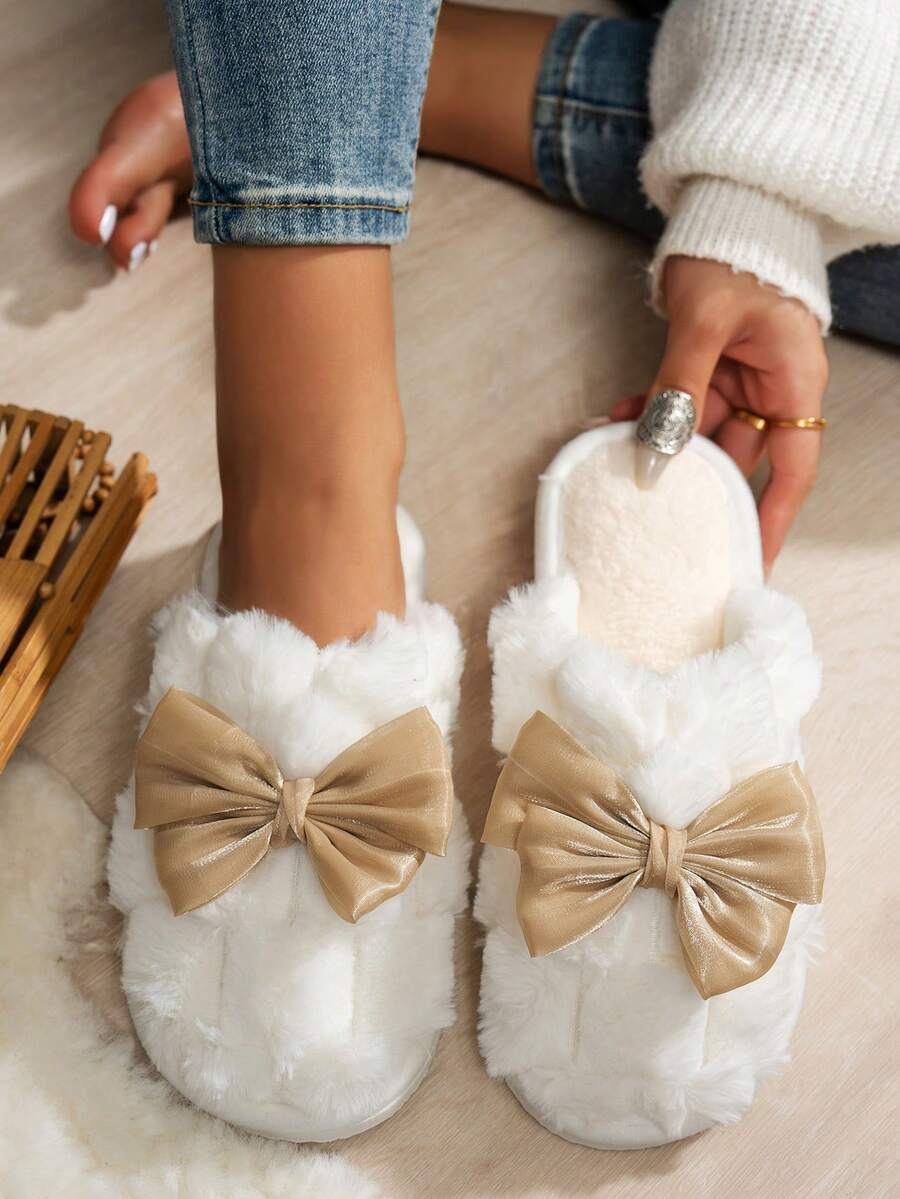 Women's Bow Open Toe Plush Warm Slippers, Comfortable Breathable Indoor House Shoes For All Seasons
