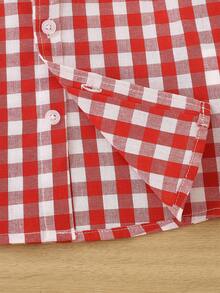 Young Boy Spring/Autumn Plaid Long Sleeve Embroidered Turn-Down Collar Casual Versatile Shirt - Red - View 6