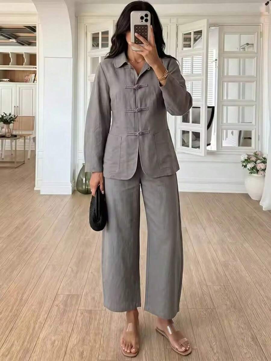 Setelan Jaket Kerah dengan Desain Kancing Simpul dan Celana Panjang Pinggang Elastis, Pakaian Kasual untuk Fotografi - Grey - View 1