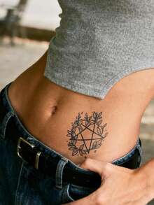 Herbal Juice Semi-Permanent Tattoo Sticker Mori Style Five-Pointed Star & Floral Wreath Pattern 14 Days No Fading Music Festival Party Gift Arm Back Waist Abdomen Body Temporary Tattoo Sticker 1pc/Pack - Blue - View 4