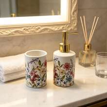 1pc Ceramic Lotion/Soap Dispenser Bottle, Pastoral Floral Pattern, Refillable Pump Design, Suitable For Hand Soap, Shampoo, Body Wash, Dish Soap, Etc., Ideal For Hotels, Vacation Rentals And Kitchen Or Bathroom Countertops - Multicolor - View 3