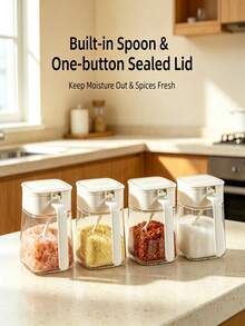 1 Glass Seasoning Jar With Built-In Spoon Handle, Flip Sealed Spice Box, Transparent Square Seasoning Bottle, Dust-Proof And Moisture-Proof Salt, Sugar, Pepper And Spice Storage Box, Tidy Kitchen Countertop, Suitable For Home Cooking - Multicolor - View 5