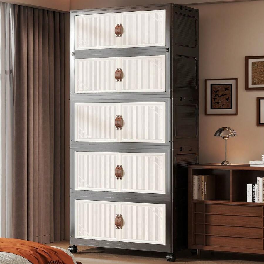 Children's Foldable Wardrobe Large Capacity Living Room Snack Toy Storage Cabinet Plastic Bedroom Floor Bedside Storage Cabinet - Black - View 1