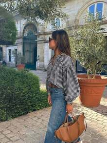 Women's Plaid Woven Cotton Long Sleeve Shirt, Stand Collar Design With Button Details, Perfect Choice For Autumn Outfit - Multicolor - View 5