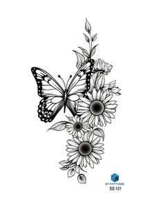 Minimalist Fresh Butterfly & Sunflower Pattern Party Gift Holiday Gift DIY Music Festival Temporary Tattoo Sticker For Arm, Back, Leg, Waterproof Body Skin Tattoo Sticker 1pc/Pack - Black - View 5